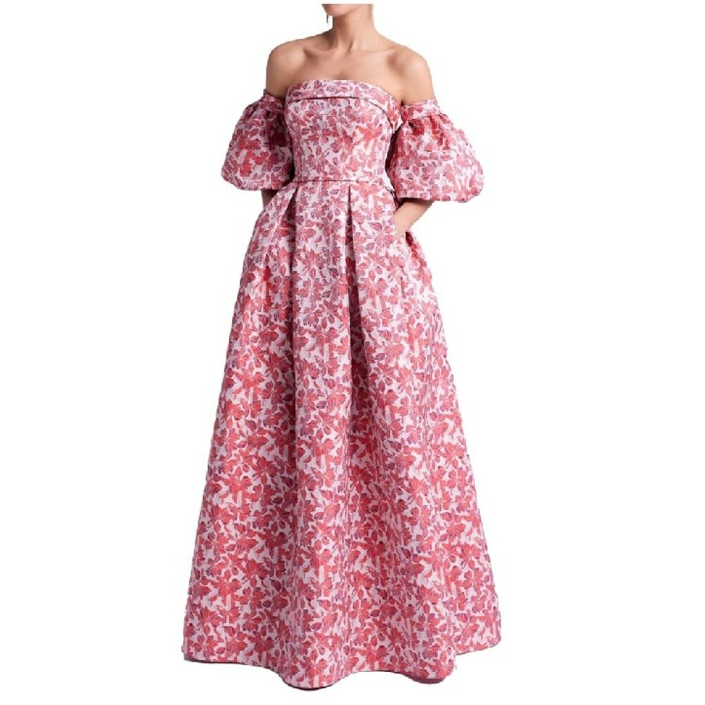 Jardinvue Red Floral Brocade Off The Shoulder Maxi Dress Sz M